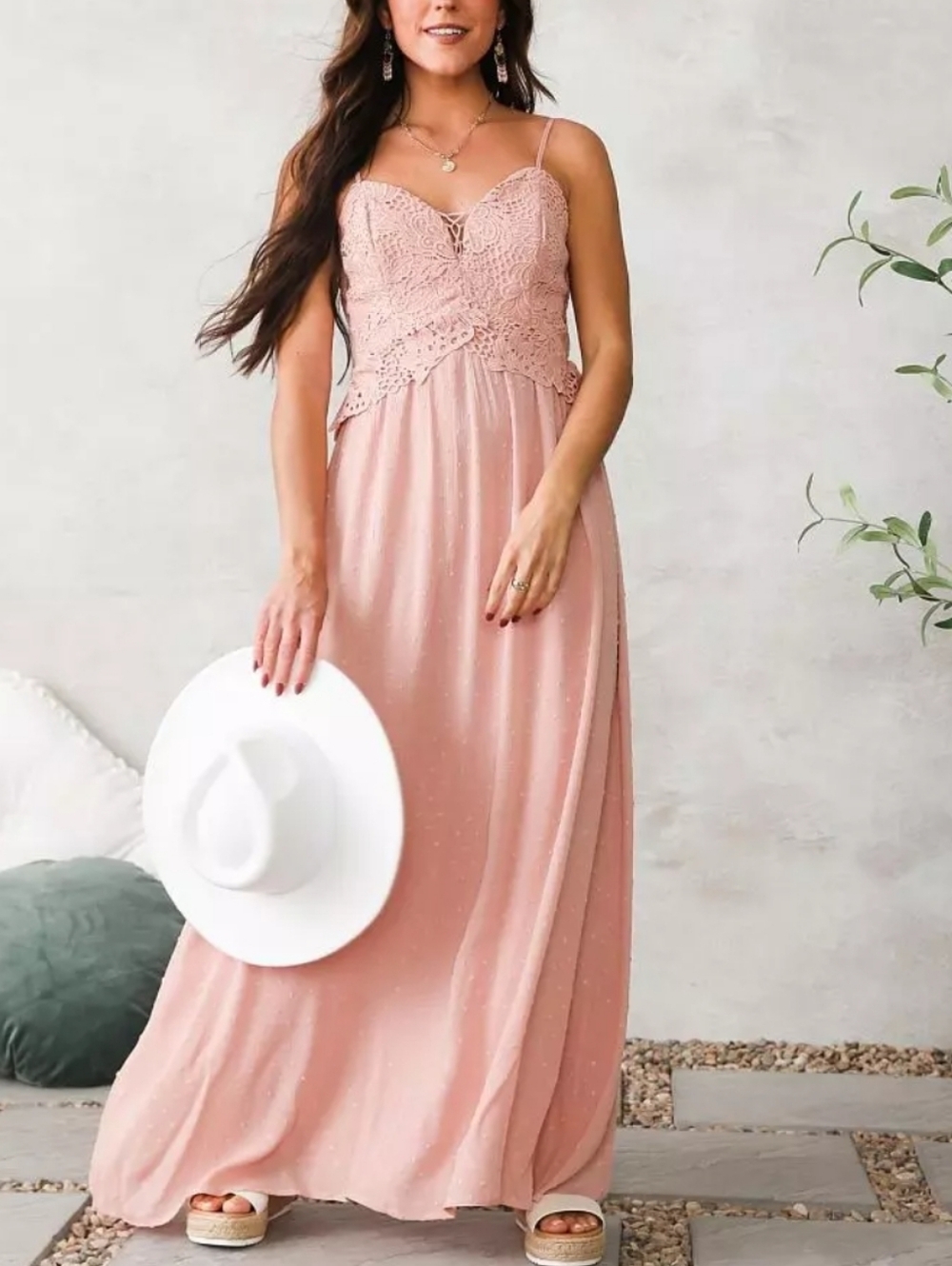A. Peach Swiss Dot Powder Pink Crinkle Maxi Dress Size S Crochet